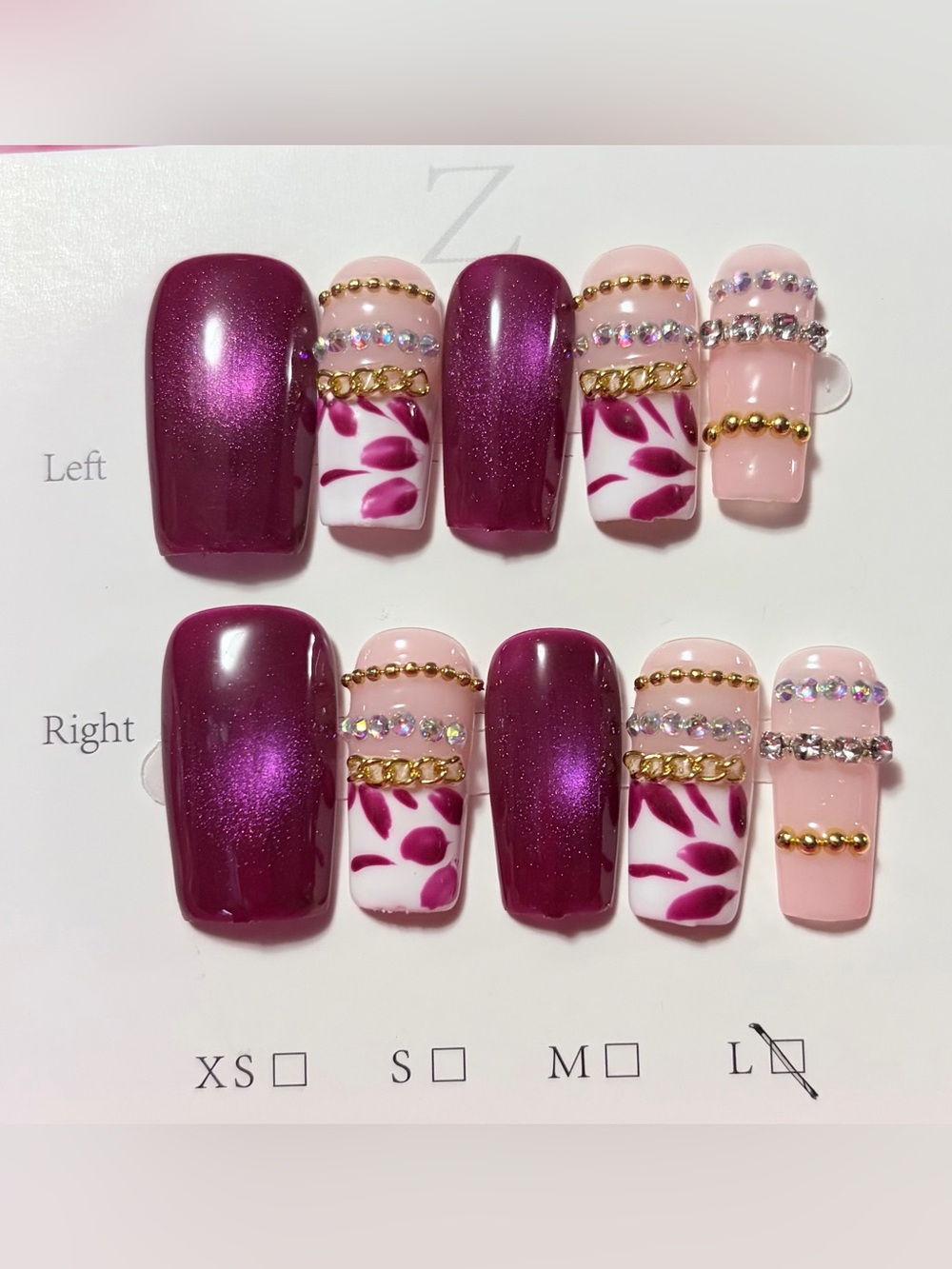 Elegant Plum & Blush Nail Set with Rhinestones by